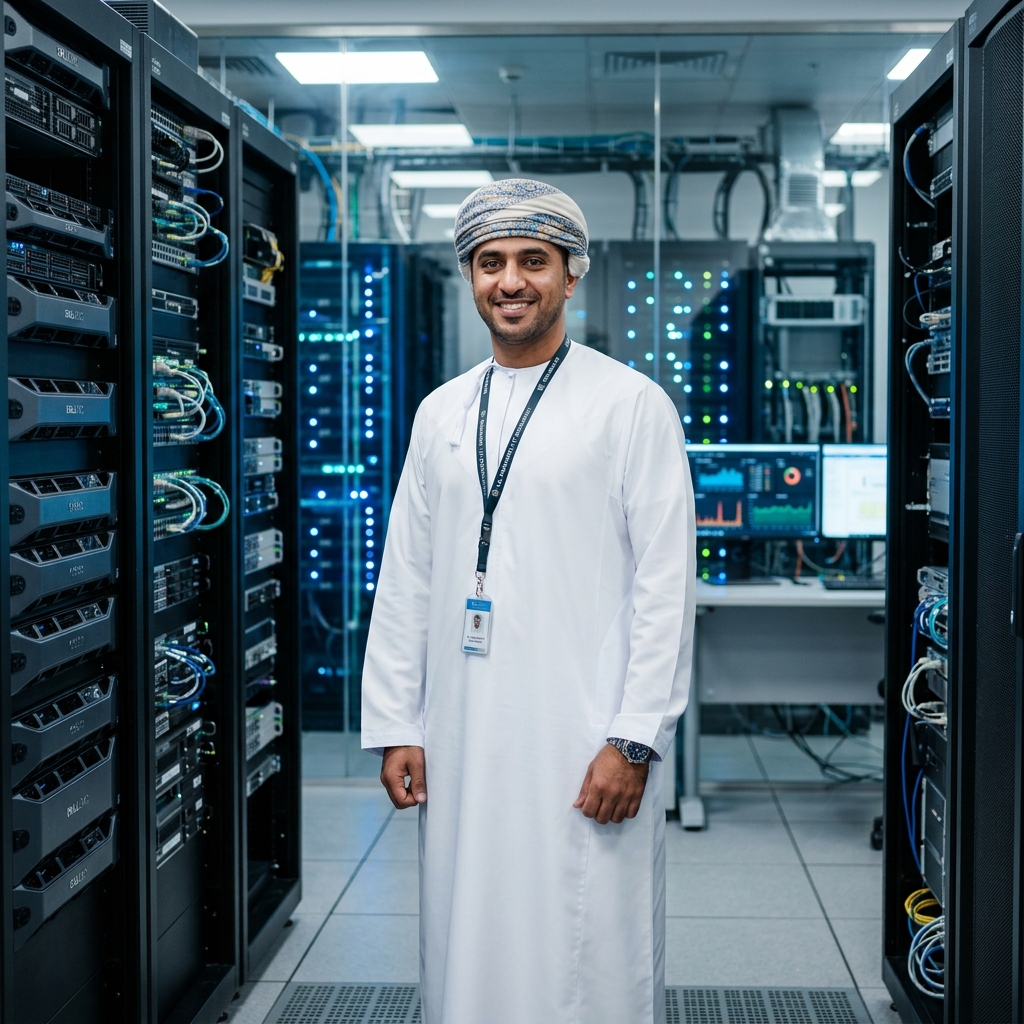 Omani enterprise IT operations expert smiling in network control room