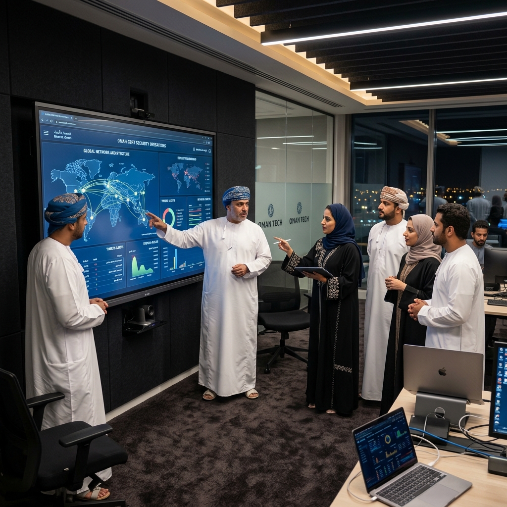Omani IT consultant reviewing system parameters in Muscat server room